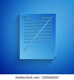 Paper cut Exam paper with incorrect answers survey icon isolated on blue background. Bad mark of test results, concept of unsuccessful report. Paper art style. Vector Illustration