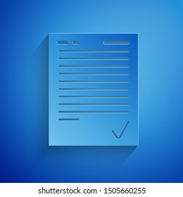 Paper cut Exam sheet with check mark icon isolated on blue background. Test paper, exam, or survey concept. School test or exam. Paper art style. Vector Illustration