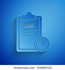 Paper cut Exam sheet with clock icon isolated on blue background. Test paper, exam, or survey concept. School test or exam. Paper art style. Vector Illustration