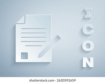 Paper cut Exam sheet and pencil with eraser icon isolated on grey background. Test paper, exam, or survey concept. School test or exam. Paper art style. Vector