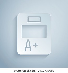 Paper cut Exam sheet with A plus grade icon isolated on grey background. Test paper, exam, or survey concept. School test or exam. Paper art style. Vector