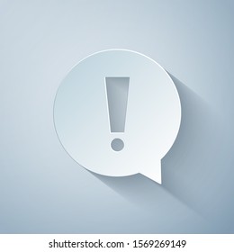 Paper cut Exclamation mark in circle icon isolated on grey background. Hazard warning symbol. Paper art style. Vector Illustration