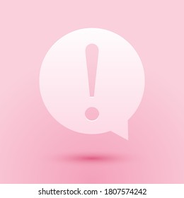 Paper cut Exclamation mark in circle icon isolated on pink background. Hazard warning symbol. FAQ sign. Copy files, chat speech bubble. Paper art style. Vector.