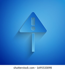 Paper cut Exclamation mark in triangle icon isolated on blue background. Hazard warning sign, careful, attention, danger warning sign. Paper art style. Vector Illustration