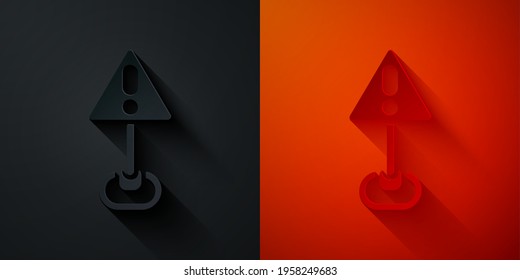 Paper cut Exclamation mark in triangle icon isolated on black and red background. Hazard warning sign, careful, attention, danger warning important sign. Paper art style. Vector