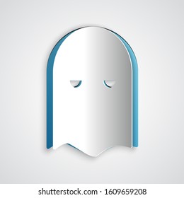 Paper cut Executioner mask icon isolated on grey background. Hangman, torturer, executor, tormentor, butcher, headsman icon. Paper art style. Vector Illustration