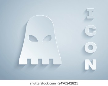 Maskensymbol von Paper Cut Executioner auf grauem Hintergrund. Henker, Folterer, Vollstrecker, Peiniger, Metzger, Headsman-Ikone. Papierkunststil. Vektorgrafik