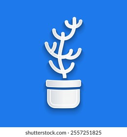 Paper cut Exotic tropical plant in pot icon isolated on blue background. Paper art style. Vector