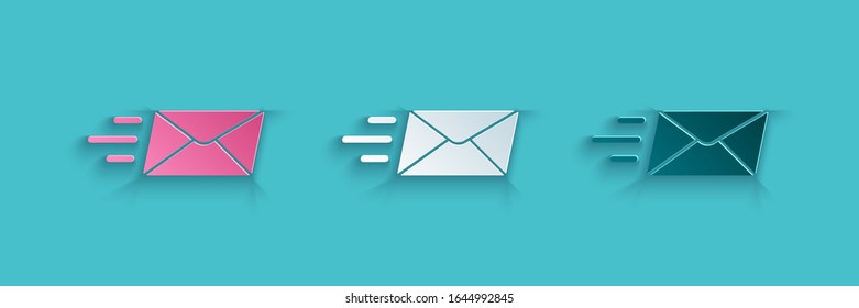 Paper cut Express envelope icon isolated on blue background. Email message letter symbol. Paper art style. Vector Illustration