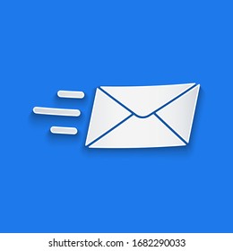 Paper cut Express envelope icon isolated on blue background. Email message letter symbol. Paper art style. Vector Illustration