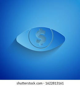 Paper cut Eye with dollar icon isolated on blue background. Paper art style. Vector Illustration