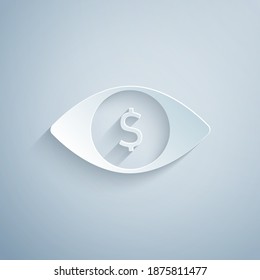 Paper cut Eye with dollar icon isolated on grey background. Paper art style. Vector.