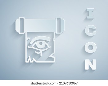 Paper cut Eye of Horus on papyrus scroll icon isolated on grey background. Parchment paper. Ancient Egypt symbol. Paper art style. Vector
