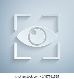 Paper cut Eye scan icon isolated on grey background. Scanning eye. Security check symbol. Cyber eye sign. Paper art style. Vector Illustration