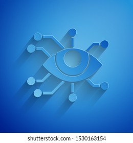 Paper cut Eye scan icon isolated on blue background. Scanning eye. Security check symbol. Cyber eye sign. Paper art style. Vector Illustration