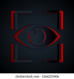 Paper cut Eye scan icon isolated on black background. Scanning eye. Security check symbol. Cyber eye sign. Paper art style. Vector Illustration