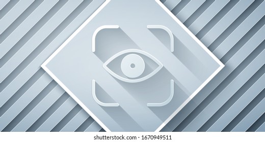 Paper cut Eye scan icon isolated on grey background. Scanning eye. Security check symbol. Cyber eye sign. Paper art style. Vector Illustration