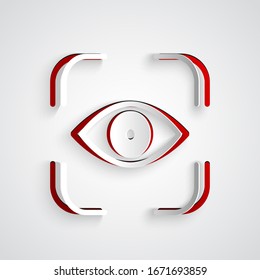 Paper cut Eye scan icon isolated on grey background. Scanning eye. Security check symbol. Cyber eye sign. Paper art style. Vector Illustration