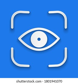 Paper cut Eye scan icon isolated on blue background. Scanning eye. Security check symbol. Cyber eye sign. Paper art style. Vector Illustration