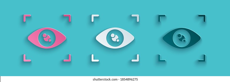 Paper cut Eye scan icon isolated on blue background. Scanning eye. Security check symbol. Cyber eye sign. Paper art style. Vector