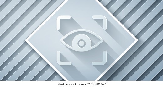 Paper cut Eye scan icon isolated on grey background. Scanning eye. Security check symbol. Cyber eye sign. Paper art style. Vector