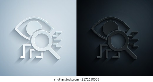 Paper Cut Eye Scan Icon Isolated On Grey And Black Background. Retinal Scan. Scanning Eye. Security Check Symbol. Cyber Eye Sign. Paper Art Style. Vector