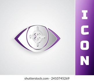 Paper cut Eye scan icon isolated on grey background. Scanning eye. Security check symbol. Cyber eye sign. Paper art style. Vector