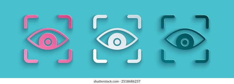 Paper cut Eye scan icon isolated on blue background. Scanning eye. Security check symbol. Cyber eye sign. Paper art style. Vector