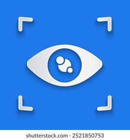 Paper cut Eye scan icon isolated on blue background. Scanning eye. Security check symbol. Cyber eye sign. Paper art style. Vector