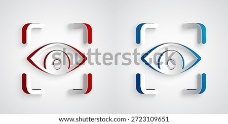 Paper cut Eye scan icon isolated on grey background. Scanning eye. Security check symbol. Cyber eye sign. Paper art style. Vector