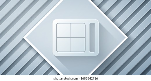 Paper cut Eye shadow palette with brush icon isolated on grey background. Paper art style. Vector Illustration