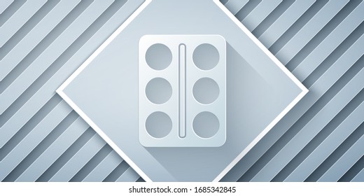Paper cut Eye shadow palette with brush icon isolated on grey background. Paper art style. Vector Illustration