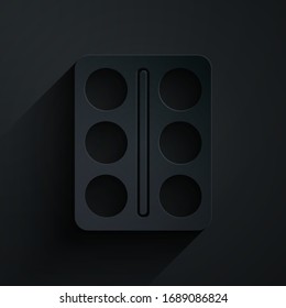 Paper cut Eye shadow palette with brush icon isolated on black background. Paper art style. Vector Illustration
