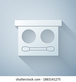 Paper cut Eye shadow palette with brush icon isolated on grey background. Paper art style. Vector