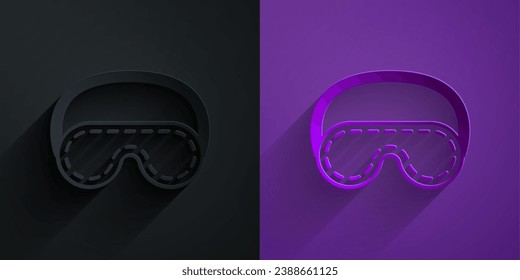 Paper cut Eye sleep mask icon isolated on black on purple background. Paper art style. Vector