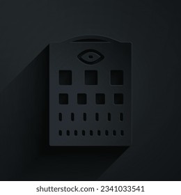 Icono de la gráfica de prueba de ojos de corte de papel aislado en fondo negro. Afiche para pruebas de visión en estudio oftálmico. Gráfico de Snellen. Estilo de arte de papel. Vector