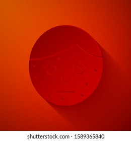 Paper cut Face with psoriasis or eczema icon isolated on red background. Concept of human skin response to allergen or chronic body problem. Paper art style. Vector Illustration