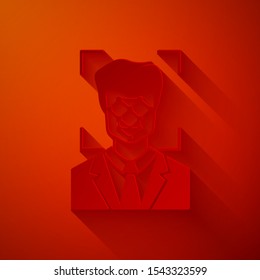 Paper cut Face recognition icon isolated on red background. Face identification scanner icon. Facial id. Cyber security concept. Paper art style. Vector Illustration