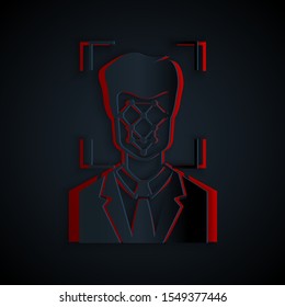 Paper cut Face recognition icon isolated on black background. Face identification scanner icon. Facial id. Cyber security concept. Paper art style. Vector Illustration