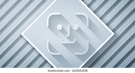 Paper cut Face recognition icon isolated on grey background. Face identification scanner icon. Facial id. Cyber security concept. Paper art style. Vector Illustration