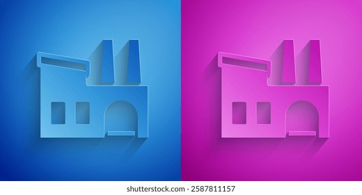 Paper cut Factory icon isolated on blue and purple background. Industrial building. Paper art style. Vector