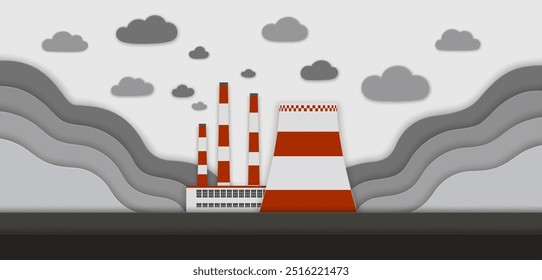 Paper cut factory pollution, chimney smoke, environment papercut banner. Vector building of energy industry power plant, gas and oil refinery factory paper cut skyline, pipes and polluted air clouds