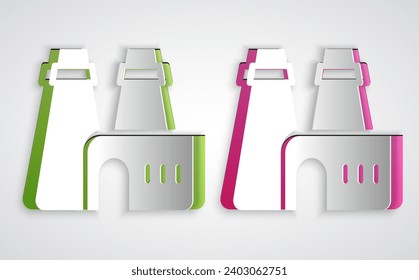 Paper cut Factory production icon isolated on grey background. Industrial building. Paper art style. Vector