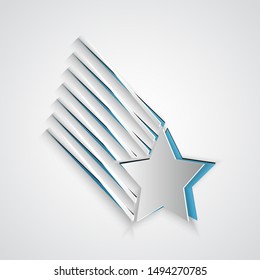 Paper cut Falling star icon isolated on grey background. Shooting star with star trail. Meteoroid, meteorite, comet, asteroid, star icon. Paper art style. Vector Illustration