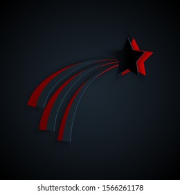 Paper cut Falling star icon isolated on black background. Shooting star with star trail. Meteoroid, meteorite, comet, asteroid, star icon. Paper art style. Vector Illustration