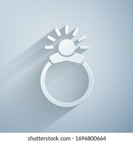 Paper cut Fantasy magic stone ring with gem icon isolated on grey background. Paper art style. Vector Illustration