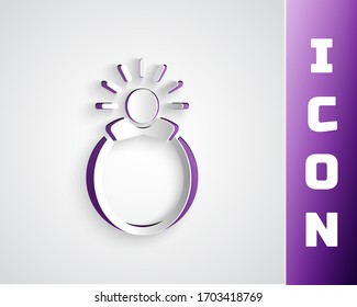 Paper cut Fantasy magic stone ring with gem icon isolated on grey background. Paper art style. Vector Illustration