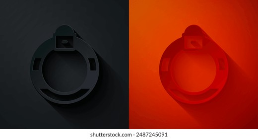 Paper cut Fantasy magic stone ring with gem icon isolated on black and red background. Paper art style. Vector