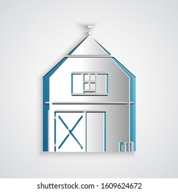 Paper cut Farm House concept icon isolated on grey background. Rustic farm landscape. Paper art style. Vector Illustration