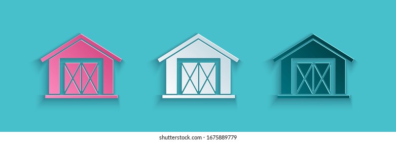 Paper Cut Farm House Icon Isolated On Blue Background. Paper Art Style. Vector Illustration